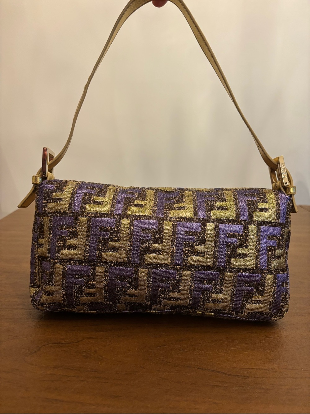 Authentic Fendi Purple and Gold FF Baguette Shoulder Bag with crystal buckle - Picture 2 of 9